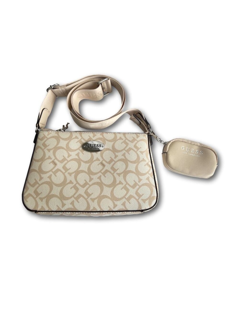 GUESS Los Angeles Monogram Crossbody Bag Beige Cream & Mini Pouch